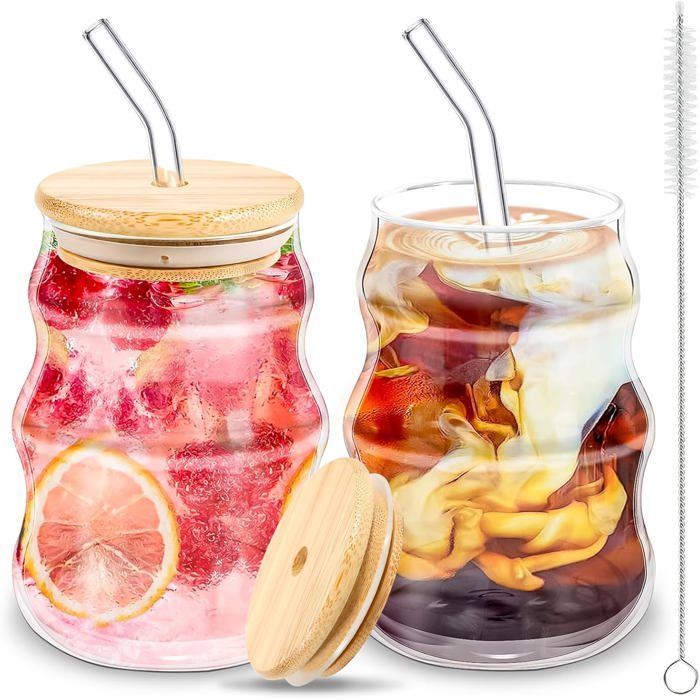 Lot de 2 Verres à Café 500ml - Tasses à Cappuccino et Latte Macchiato Avec Couvercle Paille et Brosse - Pour Thé Bière Lait Eau