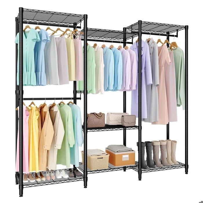 Portant vêtements en L 217x179 cm 4 tringles étagères réglables charge 739 kg métal renforcé chambre/buanderie