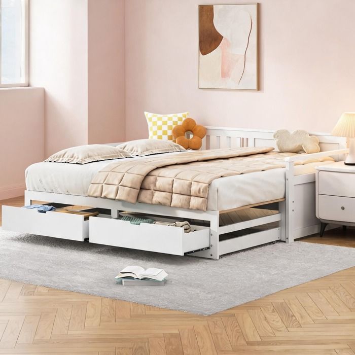 Pin massif sommier convertible 2-en-1 extensible 1 à 2 places finition white-toned avec rangement