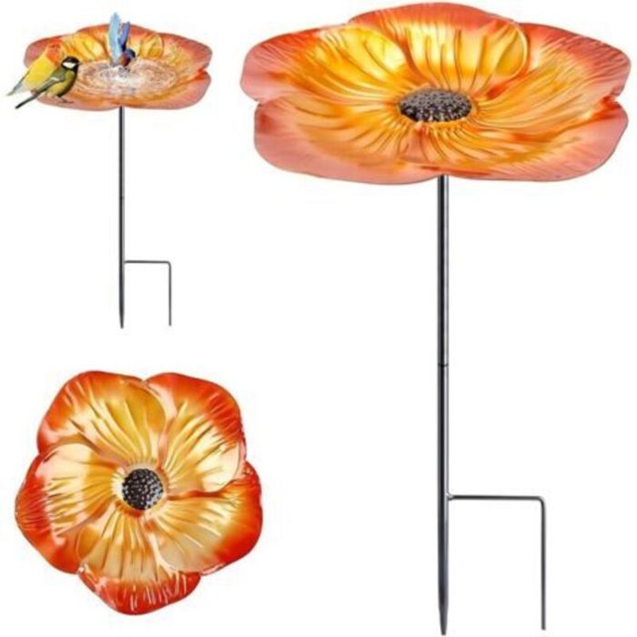 Abreuvoir oiseaux extérieur sur pied bain en fer forme fleur hauteur 52 cm pied amovible décoration fonte marron doré jardin