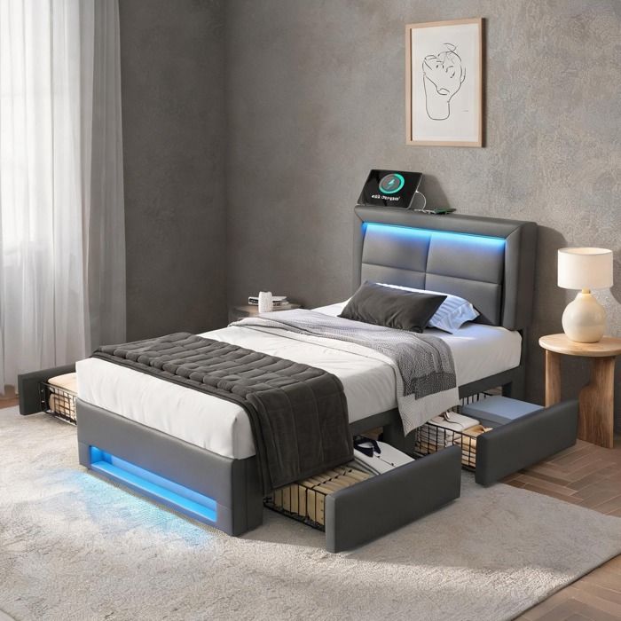 Lit plateforme 90x200 cm en PU motif Litschi neutral gray USB et LED 4 tiroirs