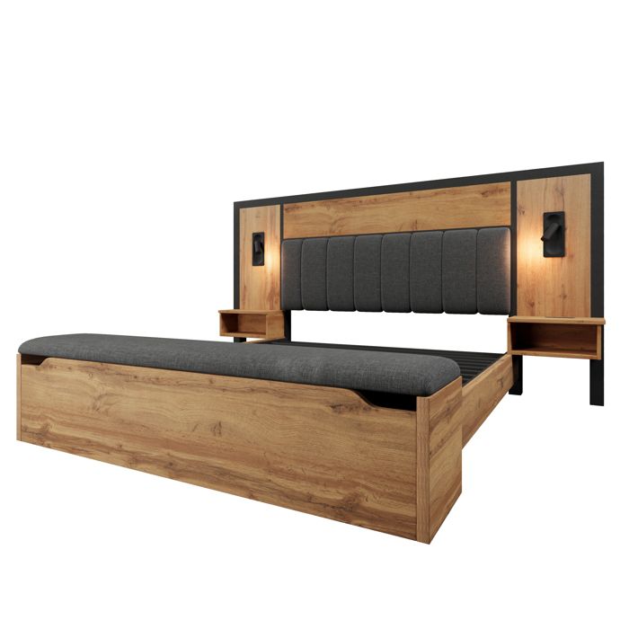 Lit double rembourré 180×200 avec lampe de lecture table de chevet USB-C et banc coffre en tissu lin