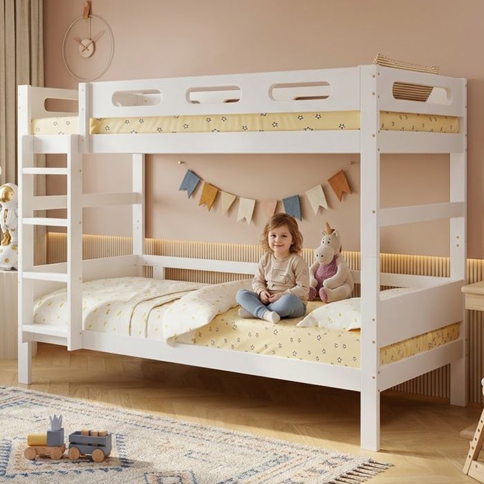 Lit superposé bois - Zephmum - 90x200 simple échelle anti-chute lattes pin MDF blanc