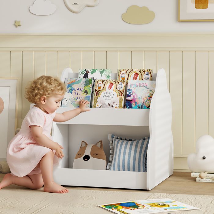 Bibliothèque enfant à roulettes 2 niveaux 4 étagères pour chambre et salle de jeux 54 x 50 x 56 cm blanc