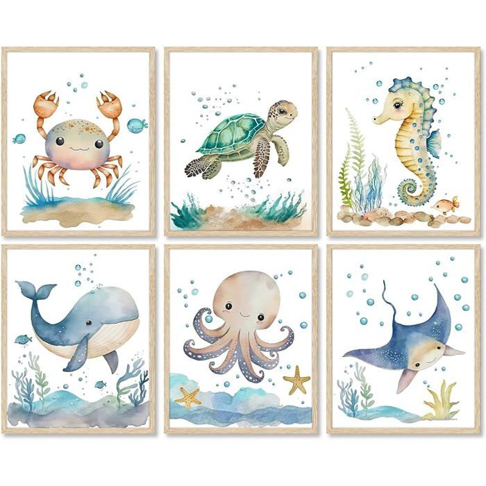 6 pcs animaux marins murale aquarelle animaux marins murale enfants Chambre décoration 8x10 poster sans cadre TABLEAU