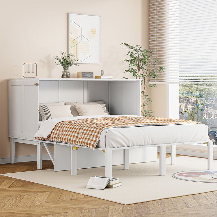 Lit escamotable vertical 140 x 200 cm avec sommier à lattes meuble lit rabattable en bois blanc