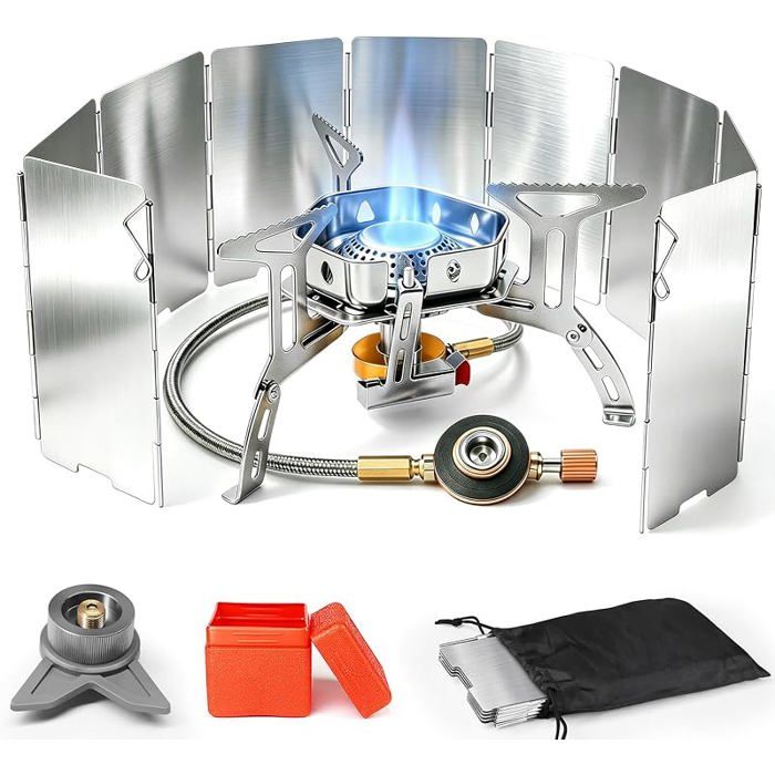 3500W Réchaud Camping à Gaz Portable Brûleur Adaptateur et Pare brise Pliable Rechaud Orange avec Pare vent