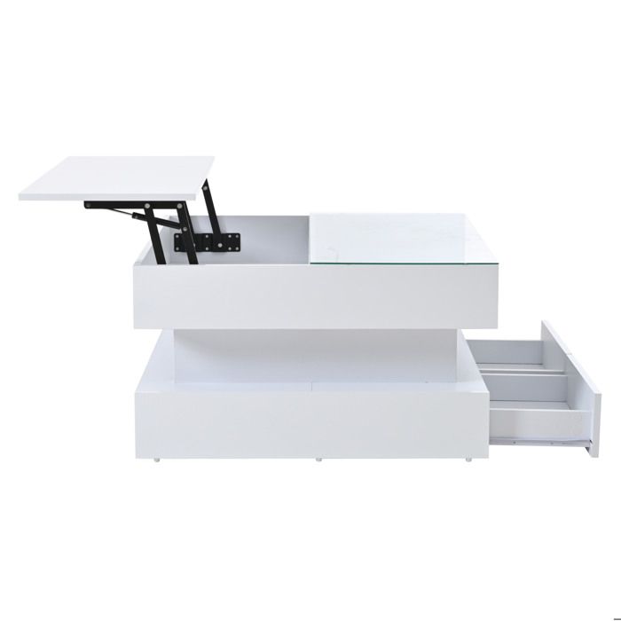 HOMVRA Table basse relevable carrée 80 x 80 x 45 cm avec rangement caché 2 tiroirs verre trempé LED blanc