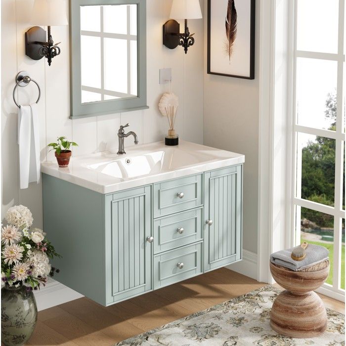 JOINERY meuble sous vasque suspendu rangement 785 x 46 x 468 cm MDF vert avec vasque céramique 3 tiroirs 2 portes bain