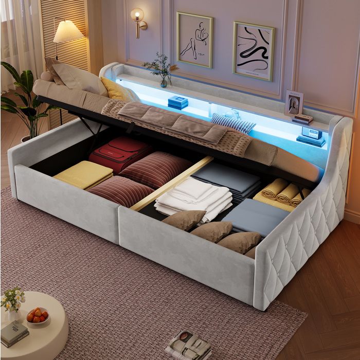 Lit coffre Simple 90 × 200 cm LED et rangement hydraulique - ELVMI - sans matelas flanelle et MDF - Beige