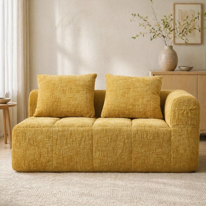 Canapé 2 places compressé sans montage en chenille jaune avec poches latérales assise moelleuse et coussin ORVRYN