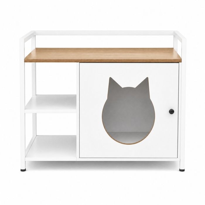Meuble litière chat multifonction avec trou tête de chat table d’appoint rangements étagères armoire moderne