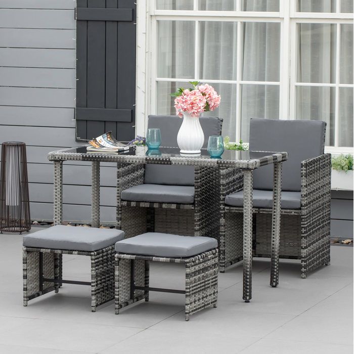 Salon De Jardin 4 Places Gris Ensemble Repas FloraGrace Pour Jardin Et Veranda Encastrable Avec Coussins 120x60x75cm
