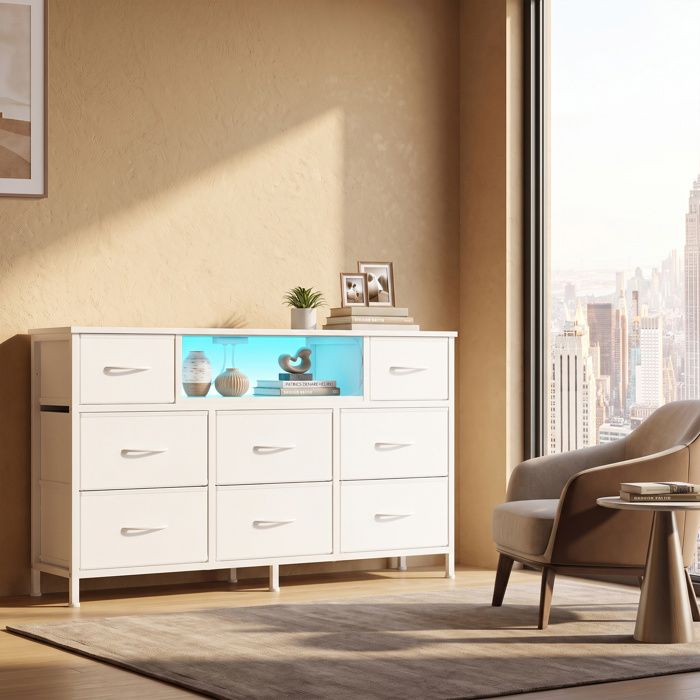Commode avec 8 Tiroirs Support TV avec LED et Multiprise 113 8 x 30 x 68 1 cm Blanc Commode avec 8 Tiroirs Support TV avec LED et Multiprise 113 8 x 30 x 68 1 cm Blanc