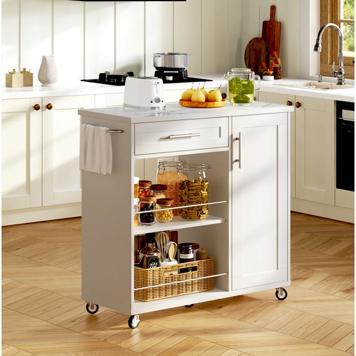 Desserte de Cuisine Mobile avec Plan Aspect Marbre Tiroir et Placard - BEAUNIV - en MDF Blanc 90 × 62 × 90 cm