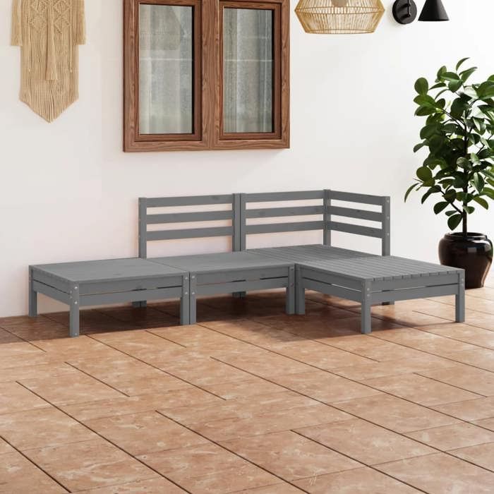 Gris Salon de jardin 4 pcs Gris Bois de pin massif - Meuble de balcon LV50693