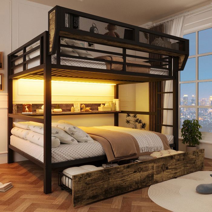 Lit superposé 140x200 avec étagère et panier de rangement Lit mezzanine 2 Places en fer avec LED et 2 tiroir Noir