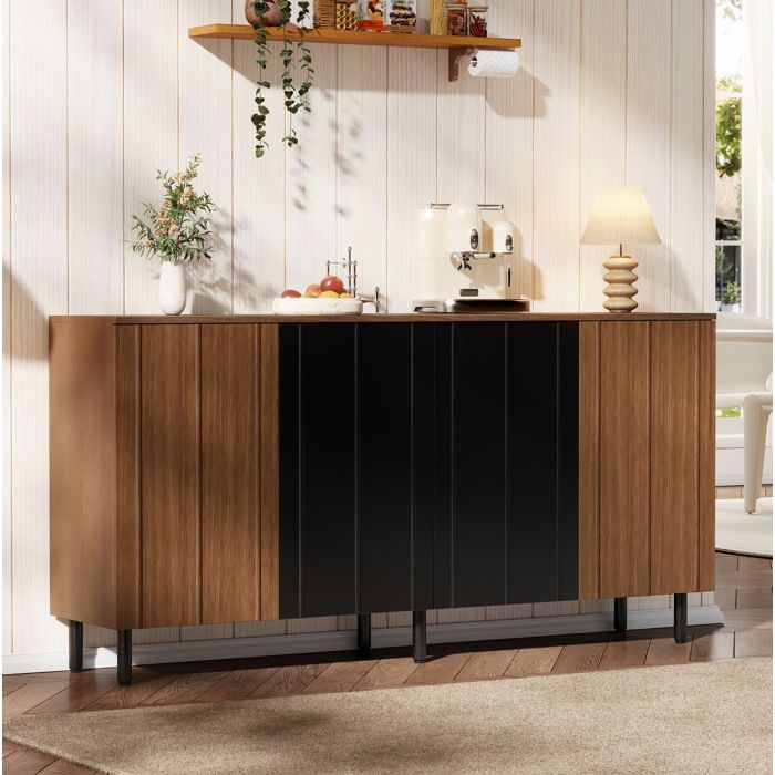 COVREO Buffet de cuisine 160 x 35 x 80 cm 4 portes étagères réglables panneaux de particules noyer et noir