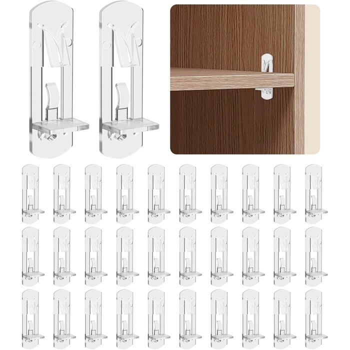 32 Taquets détagère transparents 5 mm supports autobloquants pour meuble placard et bibliothèque étagères de 20 mm
