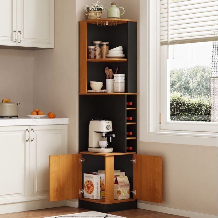 HOMVRA Meuble bar d’angle haut 40x40x182 cm avec porte-verres MDF noir et effet bois