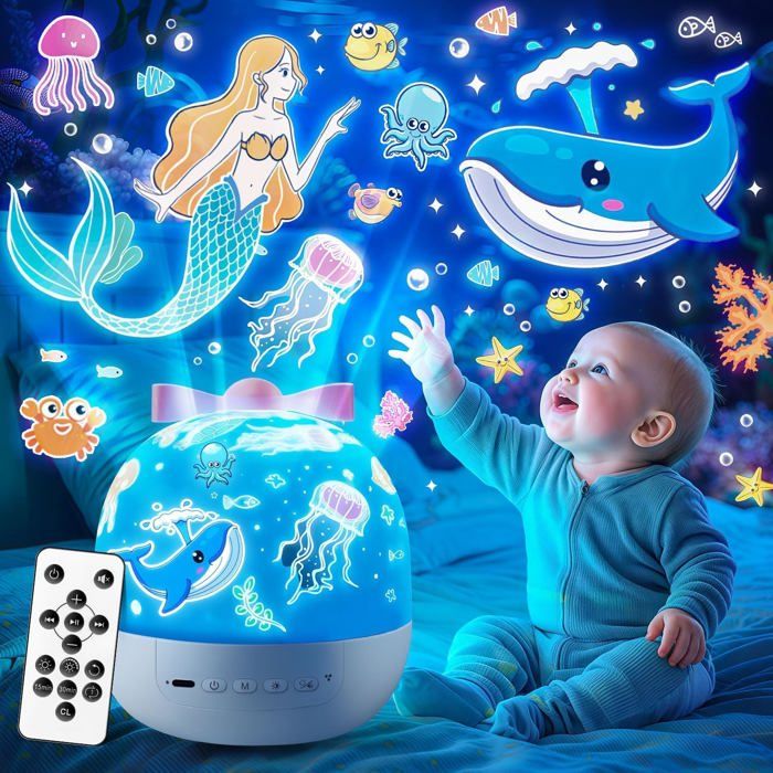 Veilleuse Enfant 10 Musique Veilleuse Bébé Musicale Et Lumineuse 360° Rotation 15 Films Projecteur Ciel Etoile Télécommande Rech