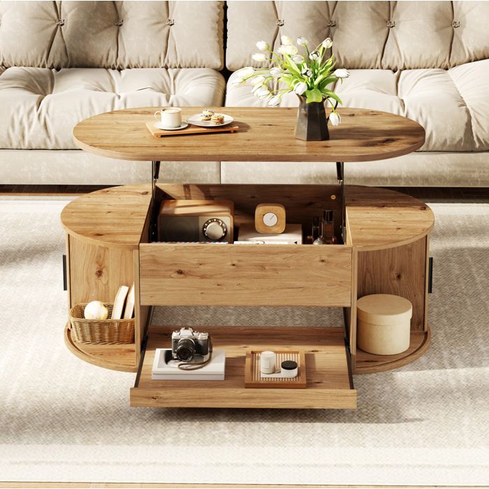 WOVREO Table basse relevable 110 x 55 x 55 cm avec rangements portes coulissantes MDF naturel