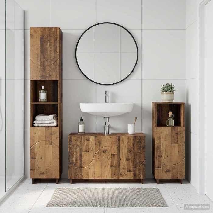 （ON SALE)Mobilier de bain - Ensemble darmoire de salle de bain - 3 pcs - meuble vasque + meuble colonne - Bois ancien_nsg14s