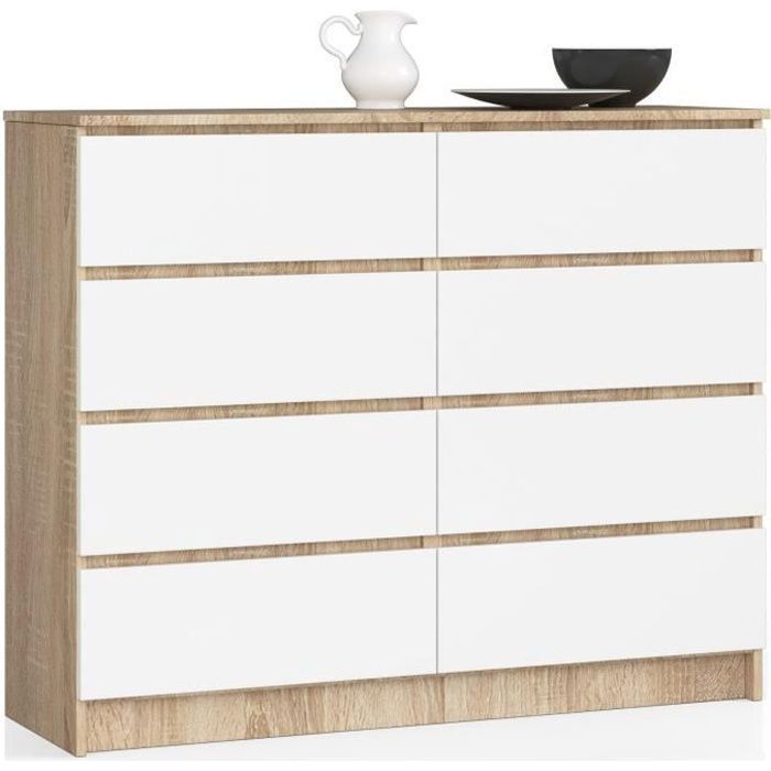 Commode AKORD K120 Chêne Sonoma 120 cm 8 tiroirs façade Blanche 120x40x99 cm
