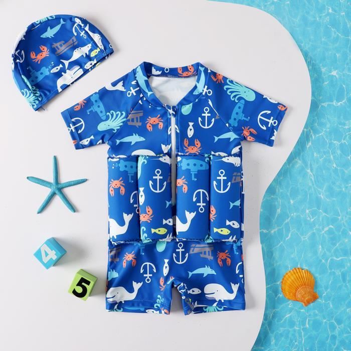 Maillot De Bain Flottant Bébé Une Pièce – Combinaison Anti-Noyade Rash Guard Manches Courtes Réglable UV