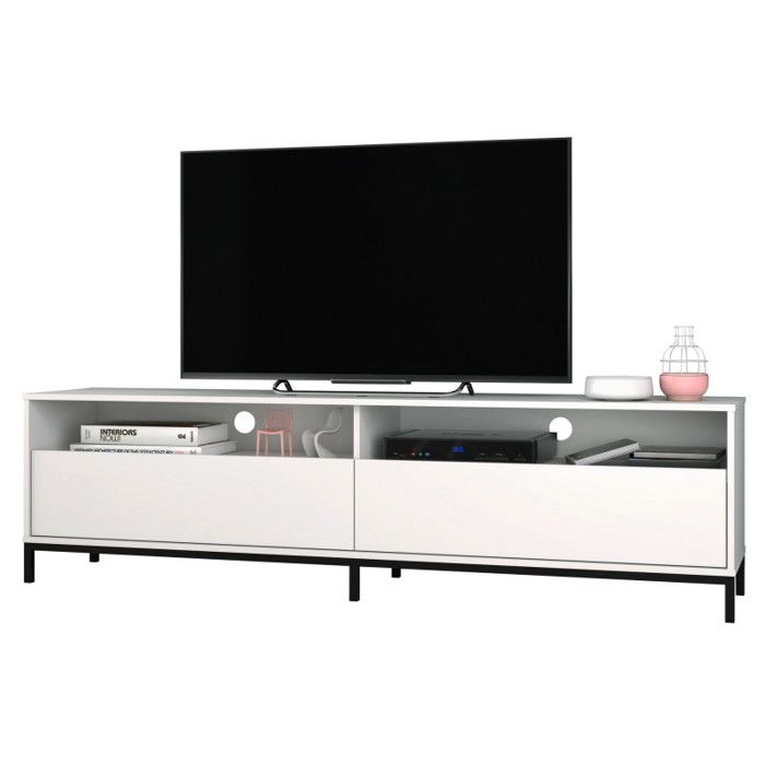 Meuble TV 70 Pouces 2 Abattants 4 Niches Blanc Pieds Métal L 180 H 49 P 38 cm - L 180 x l 38 x H 49 cm