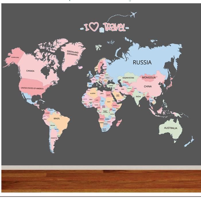 Carte Du Monde Autocollante Pour Chambre D'enfant - Stickers Muraux En Vinyle Amovible - Décoration éducative Et Ludique - Facile à Coller Et Décoller Sans Résidu - Tailles Variées - Apprentissage Géographie Amusant - 9