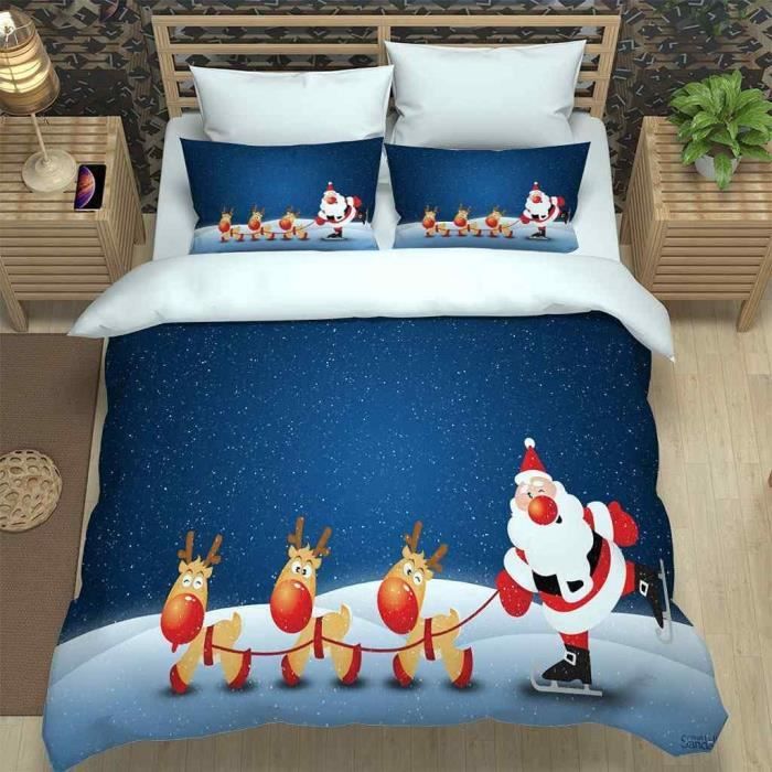 3 Pièces Parure De Lit 2 Personnes Père Noël Bleu 3D Housse De Couette