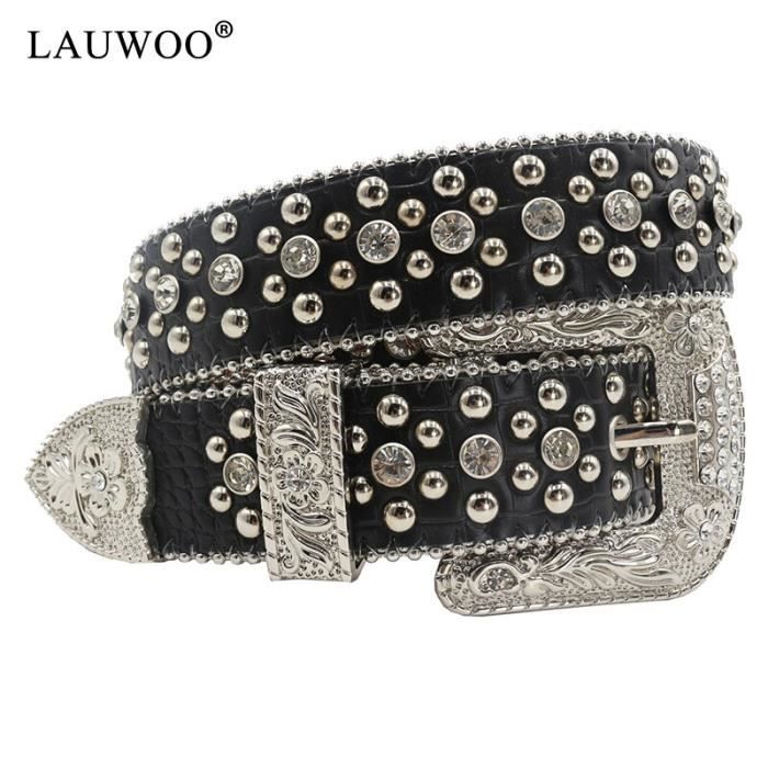 Ceinture Western - Cowboy - 125 cm - Noir - Cloutée - Strass scintillants - Femme