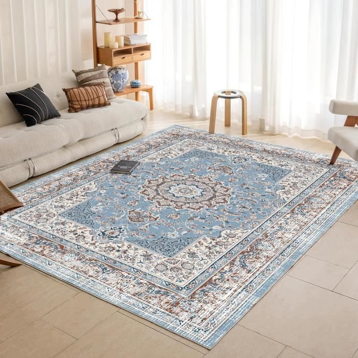 Tapis Rectangulaire Salon 120x160 Cm - Pile Courte Douce - Dessin Géométrique Moderne - Lavable En Machine - Couleur Crème