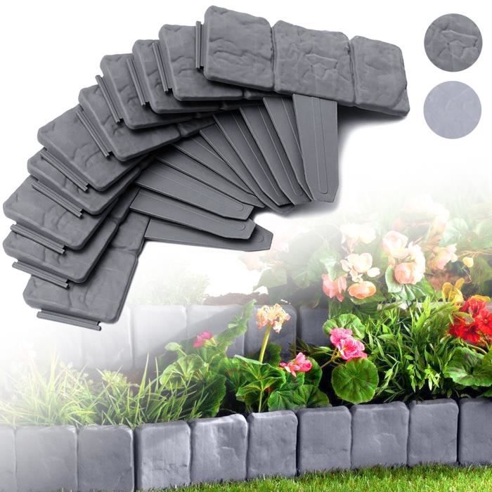 20 Bordures De Jardin Plastique Imitation Pierre - 5m Total - Gris Anthracite - Clôture Pelouse & Parterre