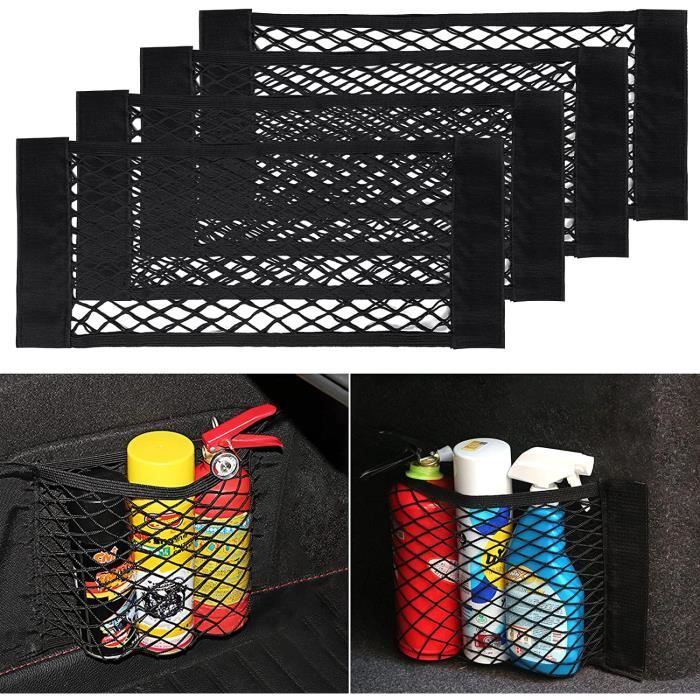 Lot De 4 Filets De Rangement Voiture élastiques - 30x25 Cm, Nylon - Crochets Auto-agrippants - Pour Auto, Camping-car, Bateau, Maison