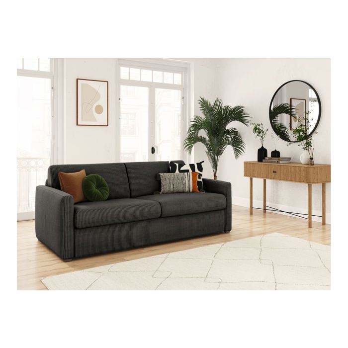 Canapé convertible express 3 places AGATHE 140x190cm en velours côtelé - Gris foncé - Matelas 13cm - L178 x P96 x H88cm - LOUNGITUDE
