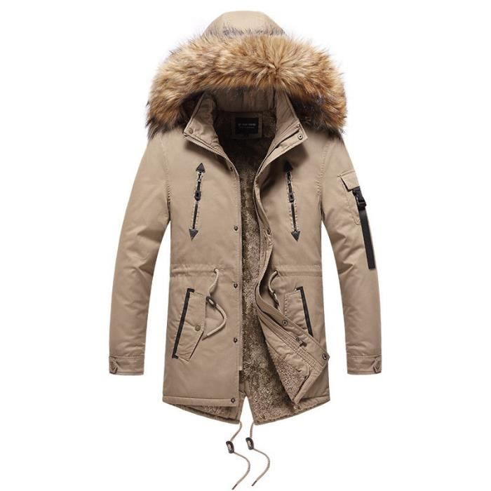 Manteau Hiver Homme Capuche Fausse Fourrure Doublé Polaire Casual Veste  Chaude Epaisse Confortable Couleur Unie