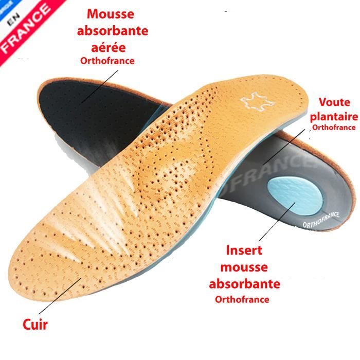 Semelles orthopédiques cuir Orthofrance® pour pieds plats, support de la voûte plantaire et