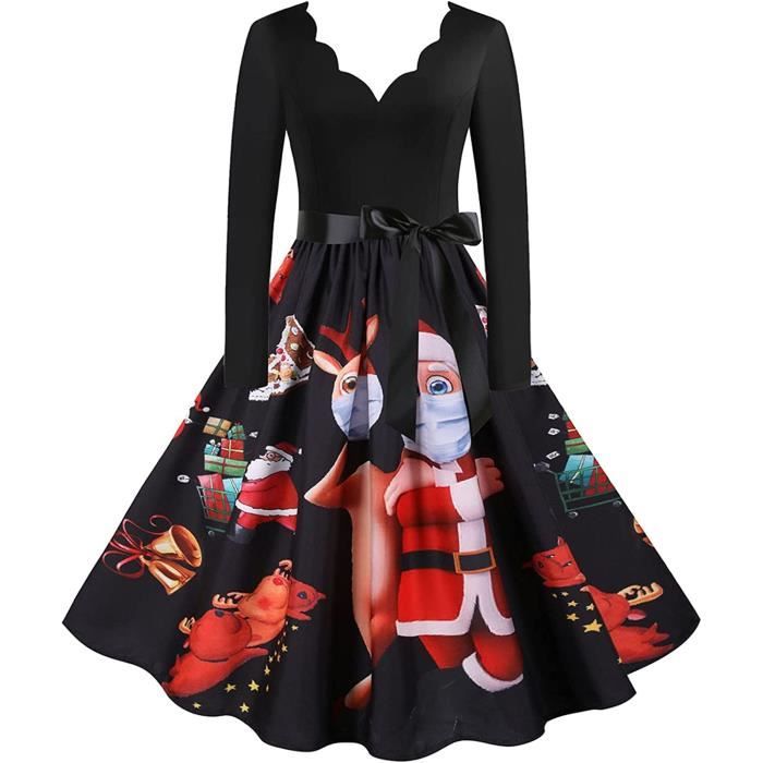 ROBE Robes de Noël pour Femmes Robe de Noël à Manches Longues col Rond imprimé cerf pour Femmes