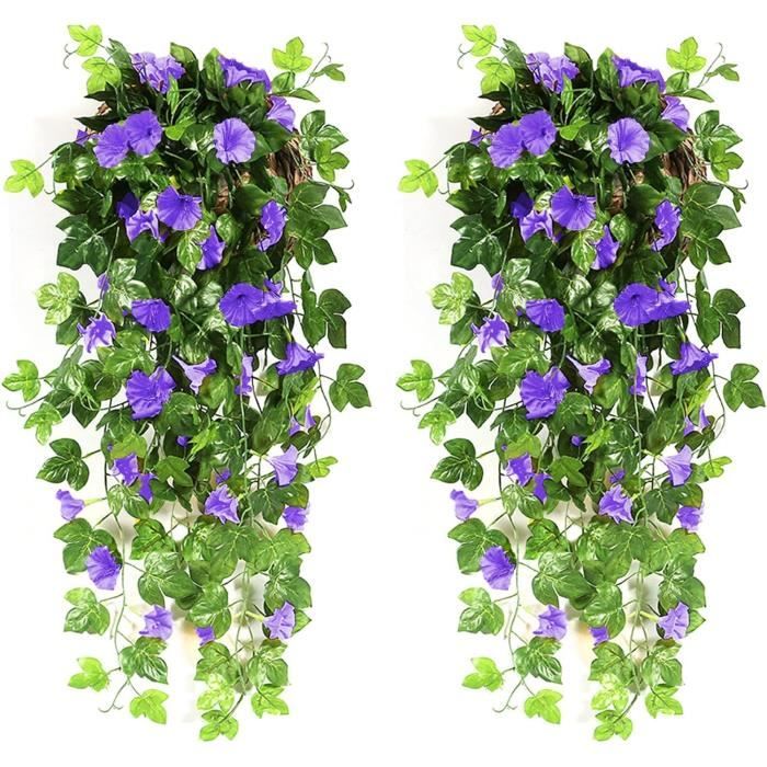 Lot De 2 Plantes Artificielles Suspendues Pétunias 77cm - Décoration Extérieur Et Intérieur Violet