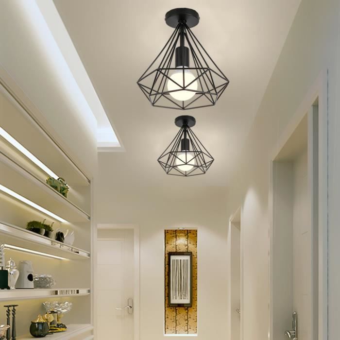 Plafonnier Industrielle Cage forme Diamant Noir Carré Fer Lustre suspension luminaire pour couloir entrée allée porche chambre