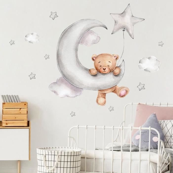 YOSOO Stickers muraux enfants lune ours bébé, décoration chambre, autocollants muraux