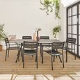 Table de jardin plateau effet bois structure acier 180 cm avec 6 chaises en acier incluses -1