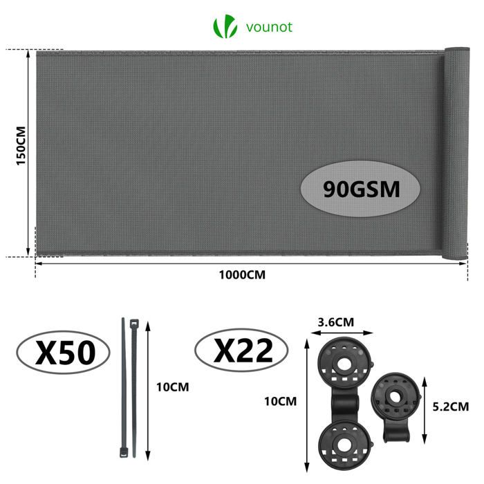 Brise-vue VOUNOT HDPE Gris 1,5x10m – Occultant 75%, Avec Attaches