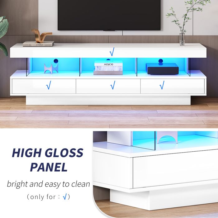 Meuble TV Moderne Brillant Noir Et Blanc - 180 Cm - Avec Bande LED RGB - Support TV Intégré