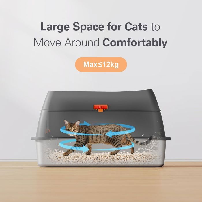 Bac à Litière Pour Chat En Acier Inoxydable - Grand Format, Semi-fermé, Avec Pelle