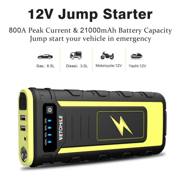 Démarreur de saut de véhicule, 2500a Peak 28000mah Batterie de voiture  portable Jump Starter pour 12v Essence / diesel, peut inverser Charg