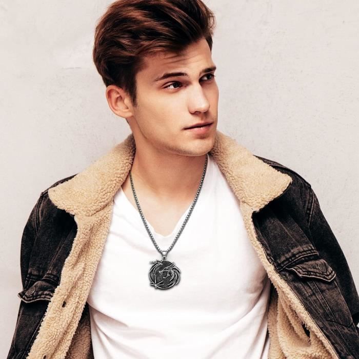 Collier Homme Tête De Dragon – Pendentif Argenté Et Rouge | Chaîne 55 Cm Acier Inoxydable | Style Gothique, Boîte Cadeau