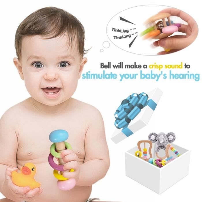 Wapiti - Hochet en bois pour bébés de 0 à 12 mois, 5 pièces, Jouets pour  nouveau nés, Hochet à Crochet éducat